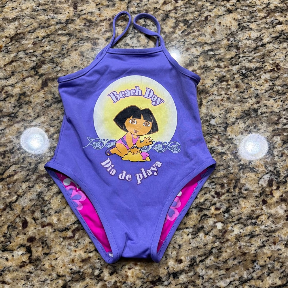 Vintage Dora the Explorer Reversible One Piece Swimsuit Girls Purple Pink 4T